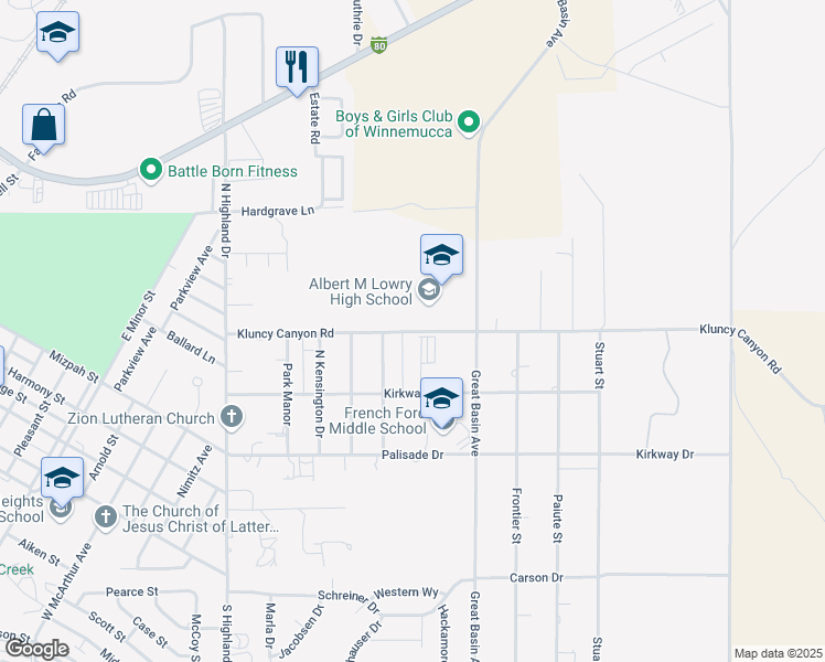 map of restaurants, bars, coffee shops, grocery stores, and more near 5375 Kluncy Canyon Road in Winnemucca