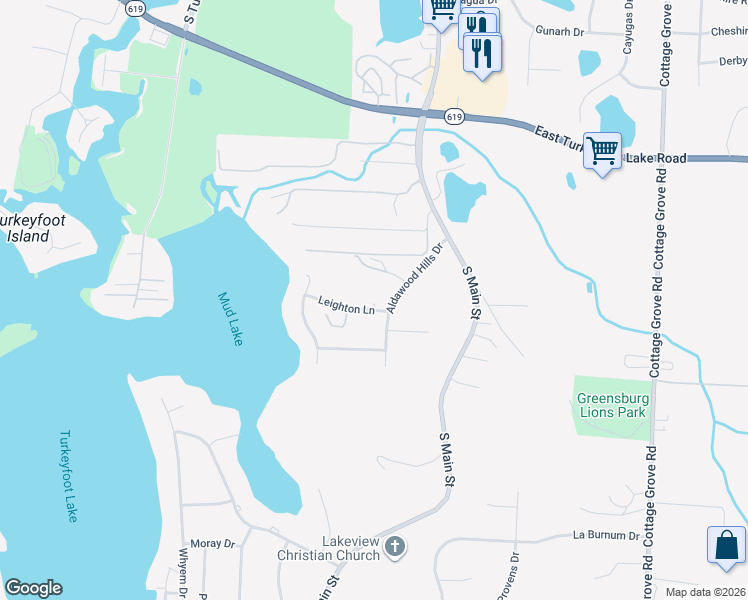 map of restaurants, bars, coffee shops, grocery stores, and more near 109 Leighton Lane in Akron