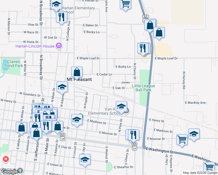 map of restaurants, bars, coffee shops, grocery stores, and more near 699 E Oak St in Mt Pleasant