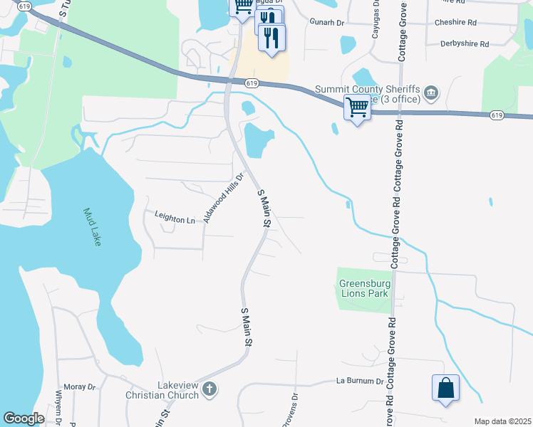 map of restaurants, bars, coffee shops, grocery stores, and more near 4282 South Main Street in Akron