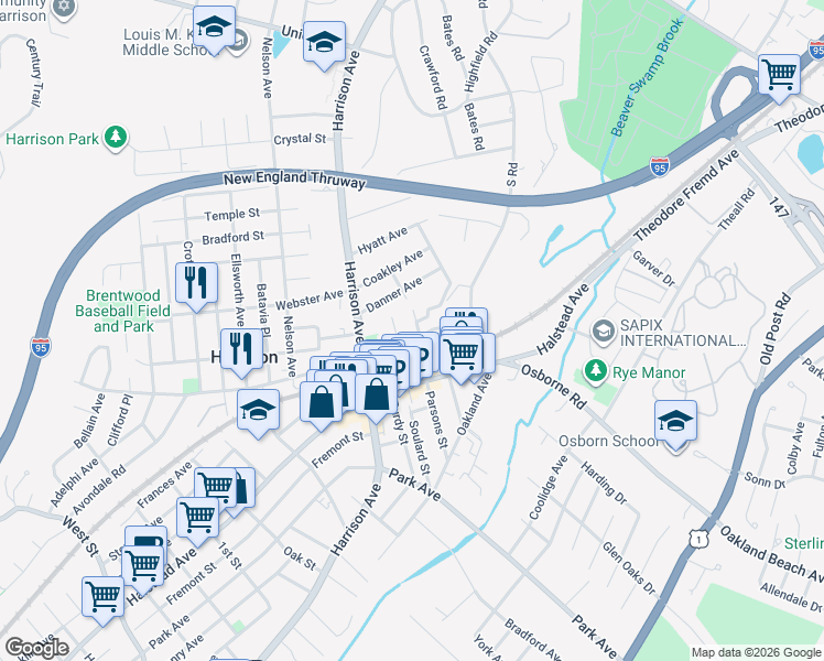 map of restaurants, bars, coffee shops, grocery stores, and more near 9 Bruce Avenue in Harrison