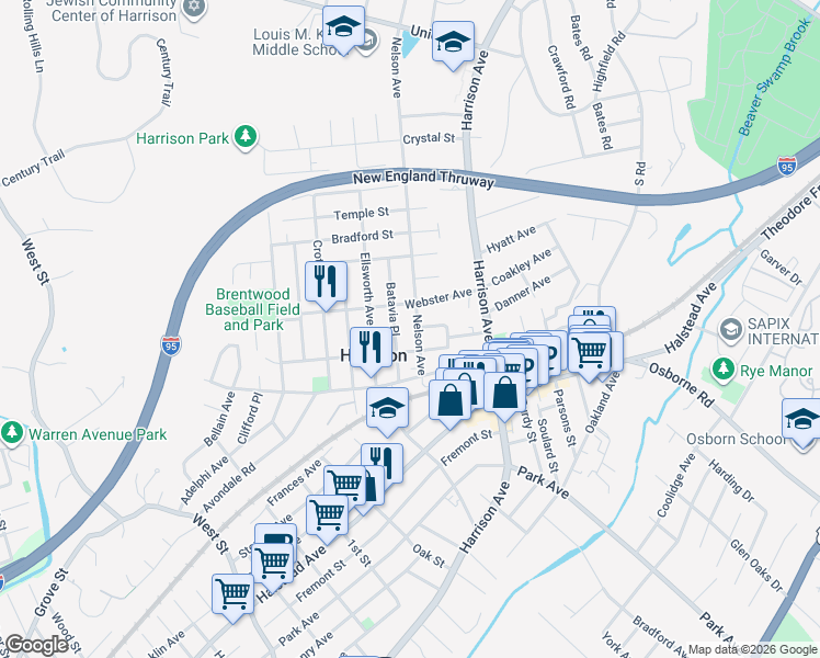 map of restaurants, bars, coffee shops, grocery stores, and more near 50 Nelson Avenue in Harrison