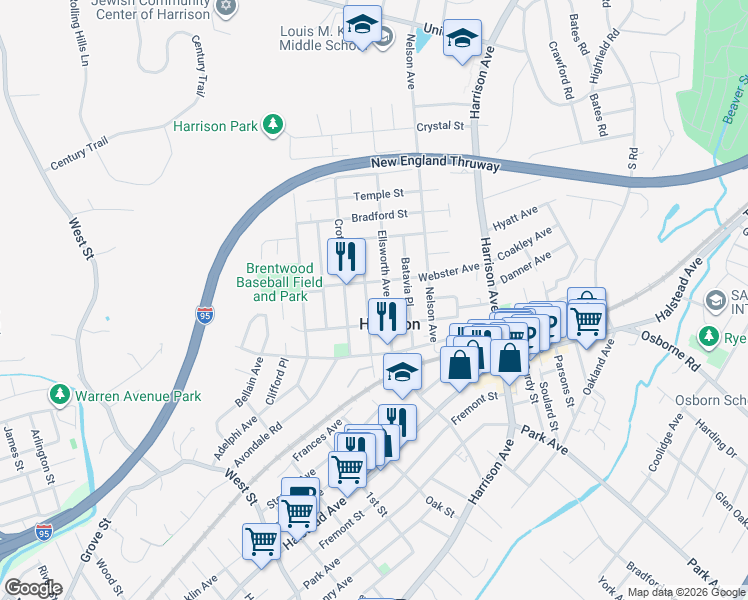 map of restaurants, bars, coffee shops, grocery stores, and more near 70 Post Place in Harrison