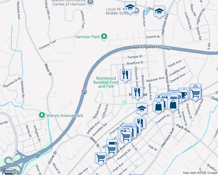 map of restaurants, bars, coffee shops, grocery stores, and more near 157 Webster Avenue in Harrison
