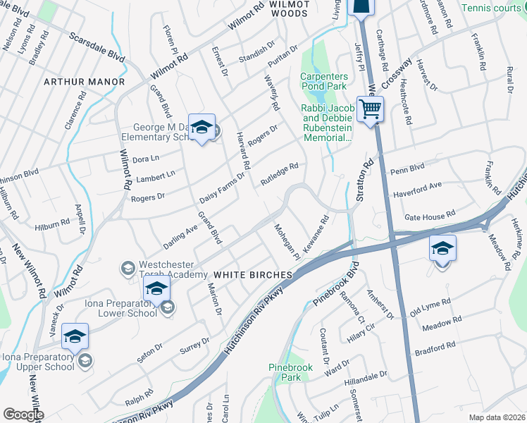 map of restaurants, bars, coffee shops, grocery stores, and more near 8 Sunnyridge Road in New Rochelle