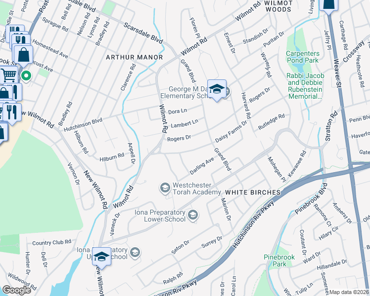 map of restaurants, bars, coffee shops, grocery stores, and more near 66 Daisy Farms Drive in New Rochelle