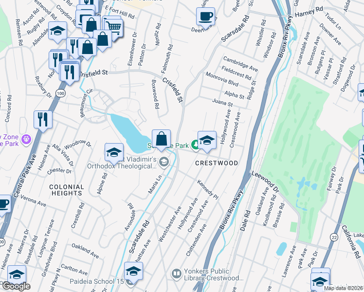 map of restaurants, bars, coffee shops, grocery stores, and more near 13 Saint Eleanoras Lane in Yonkers