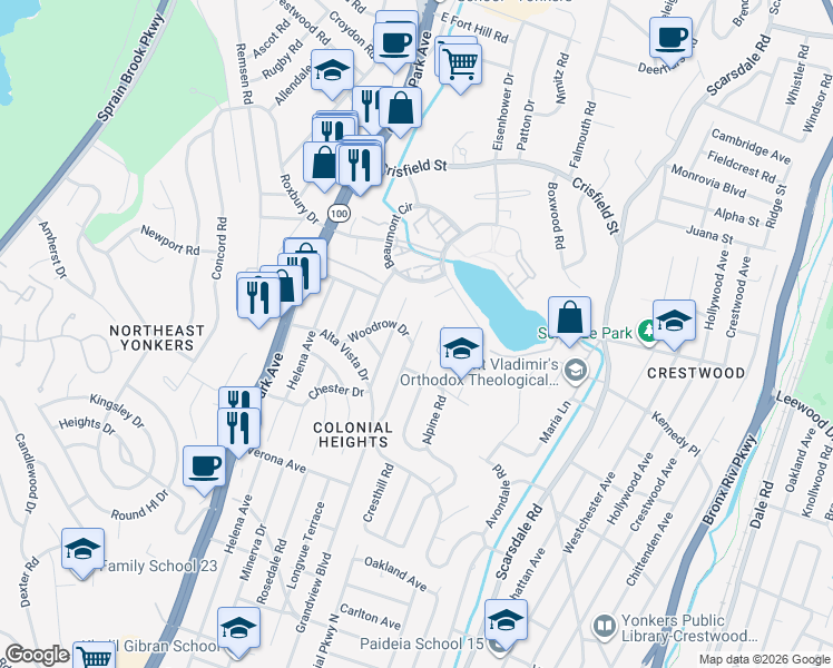 map of restaurants, bars, coffee shops, grocery stores, and more near 384 Grandview Boulevard in Yonkers