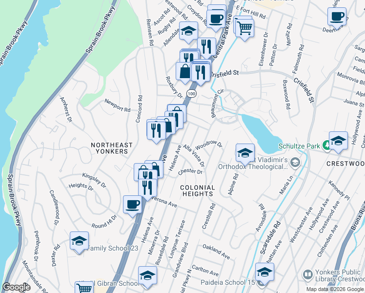 map of restaurants, bars, coffee shops, grocery stores, and more near 324 Alta Vista Drive in Yonkers