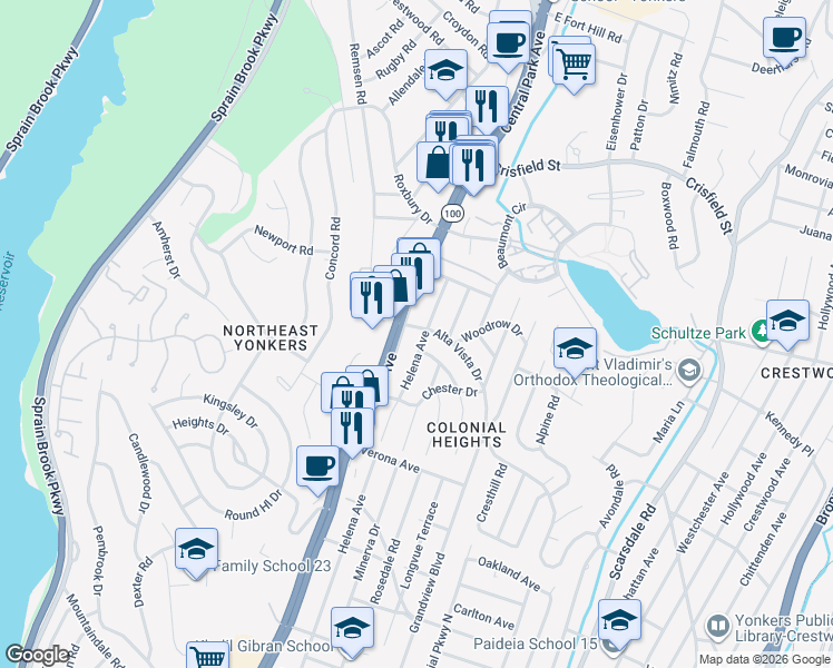 map of restaurants, bars, coffee shops, grocery stores, and more near 324 Alta Vista Drive in Yonkers