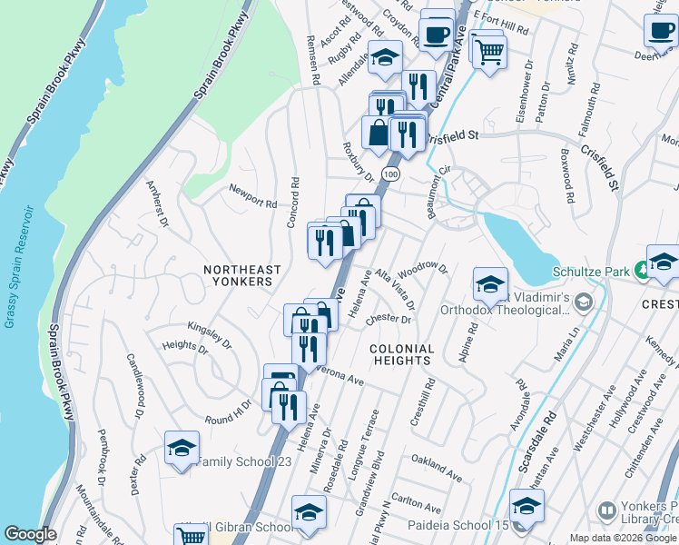 map of restaurants, bars, coffee shops, grocery stores, and more near in Yonkers