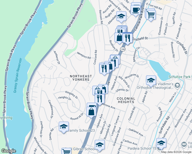 map of restaurants, bars, coffee shops, grocery stores, and more near 313 Concord Road in Yonkers