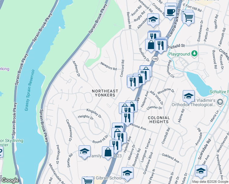 map of restaurants, bars, coffee shops, grocery stores, and more near 147 Whitman Road in Yonkers