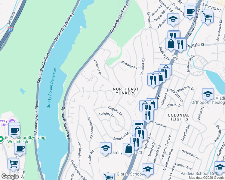 map of restaurants, bars, coffee shops, grocery stores, and more near 105 Amherst Drive in Yonkers