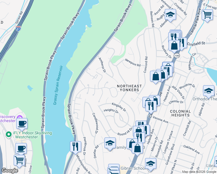 map of restaurants, bars, coffee shops, grocery stores, and more near 79 Roundtop Road in Yonkers