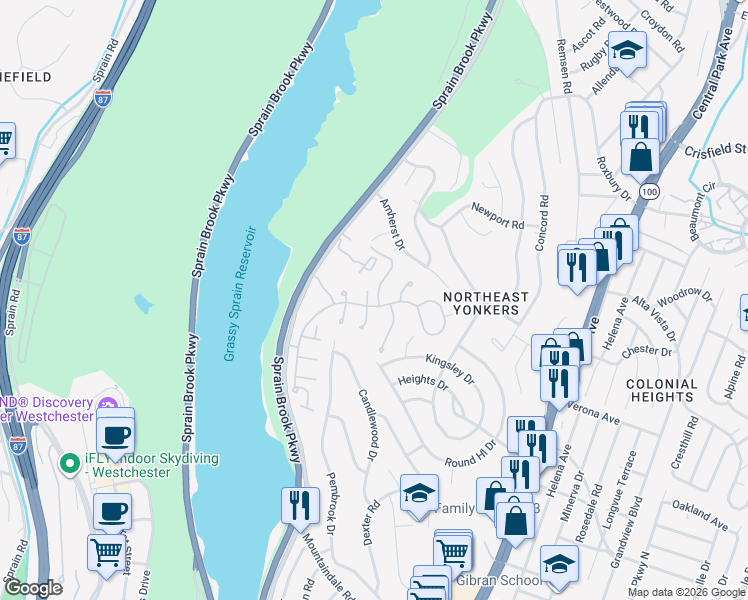 map of restaurants, bars, coffee shops, grocery stores, and more near 8 Scenic Lane in Yonkers