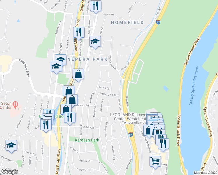 map of restaurants, bars, coffee shops, grocery stores, and more near 24 Brandt Terrace in Yonkers