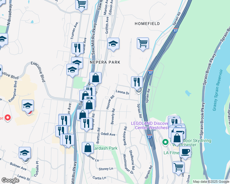 map of restaurants, bars, coffee shops, grocery stores, and more near 225 Hoover Road in Yonkers