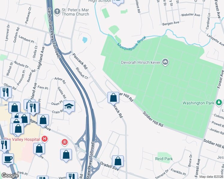map of restaurants, bars, coffee shops, grocery stores, and more near 766 Manchester Way in Paramus