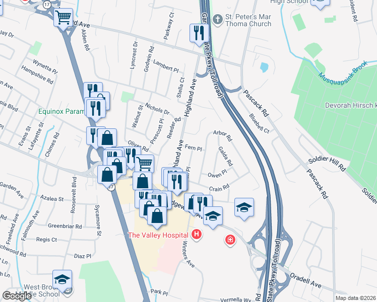 map of restaurants, bars, coffee shops, grocery stores, and more near 56 Fern Place in Paramus