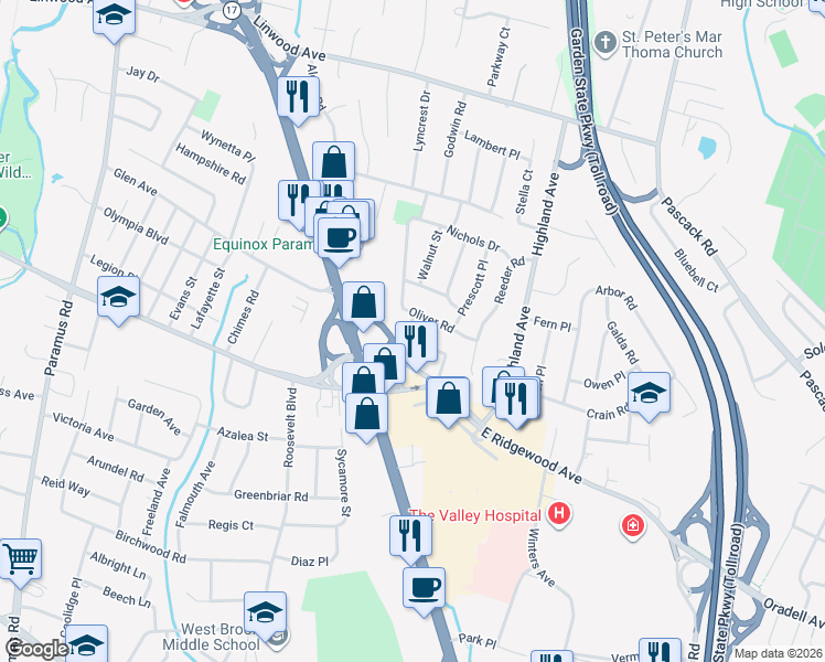 map of restaurants, bars, coffee shops, grocery stores, and more near 740 Stevens Court in Paramus