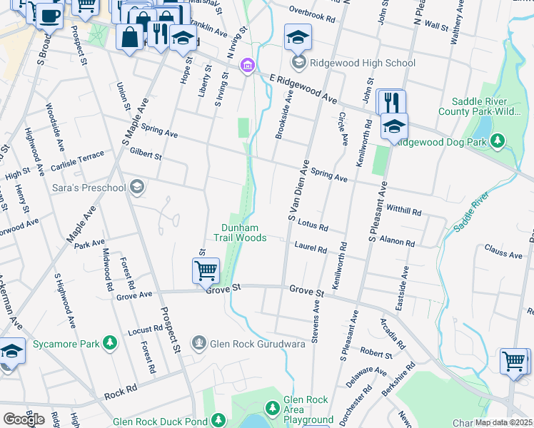 map of restaurants, bars, coffee shops, grocery stores, and more near 256 Brookside Avenue in Ridgewood