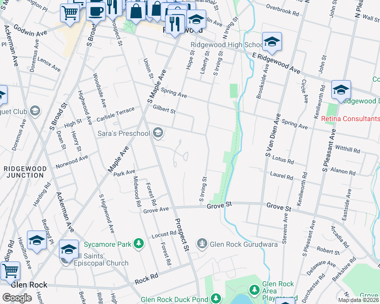 map of restaurants, bars, coffee shops, grocery stores, and more near 286 South Irving Street in Ridgewood