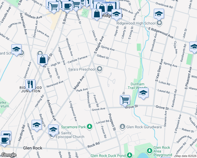map of restaurants, bars, coffee shops, grocery stores, and more near 317 Prospect Street in Ridgewood
