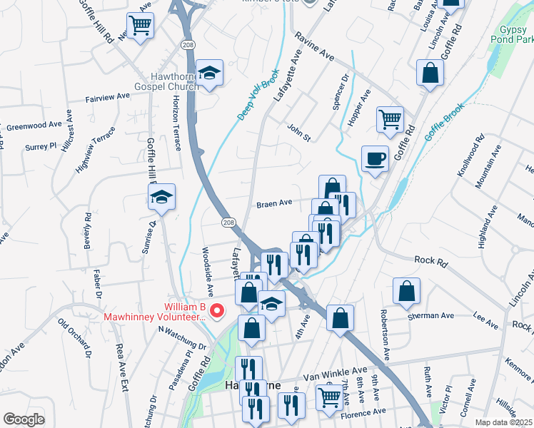 map of restaurants, bars, coffee shops, grocery stores, and more near 18 Braen Avenue in Hawthorne