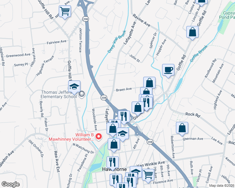 map of restaurants, bars, coffee shops, grocery stores, and more near 18 Braen Avenue in Hawthorne