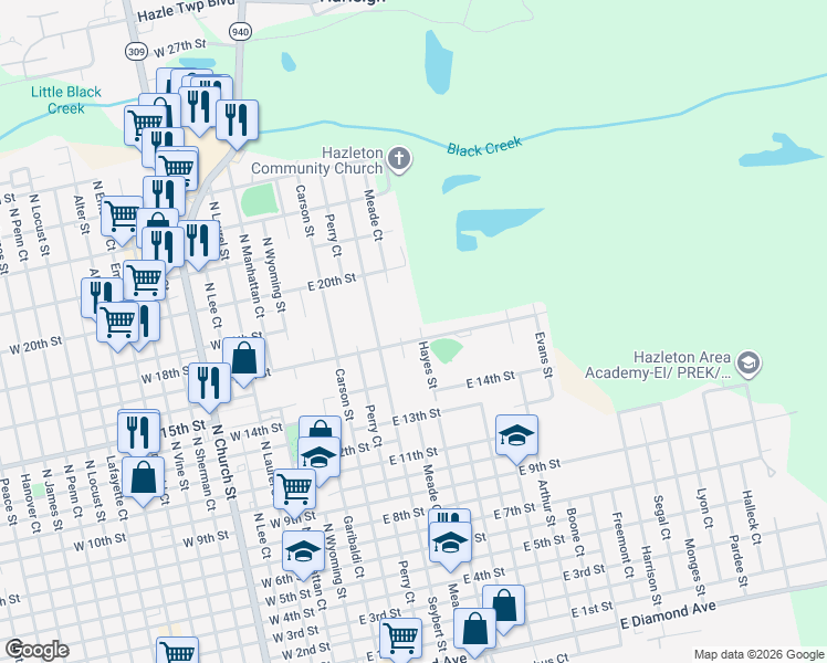 map of restaurants, bars, coffee shops, grocery stores, and more near 926 Hayes St in Hazleton