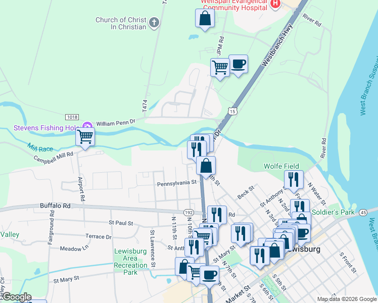 map of restaurants, bars, coffee shops, grocery stores, and more near 706 Matlack Avenue in Lewisburg