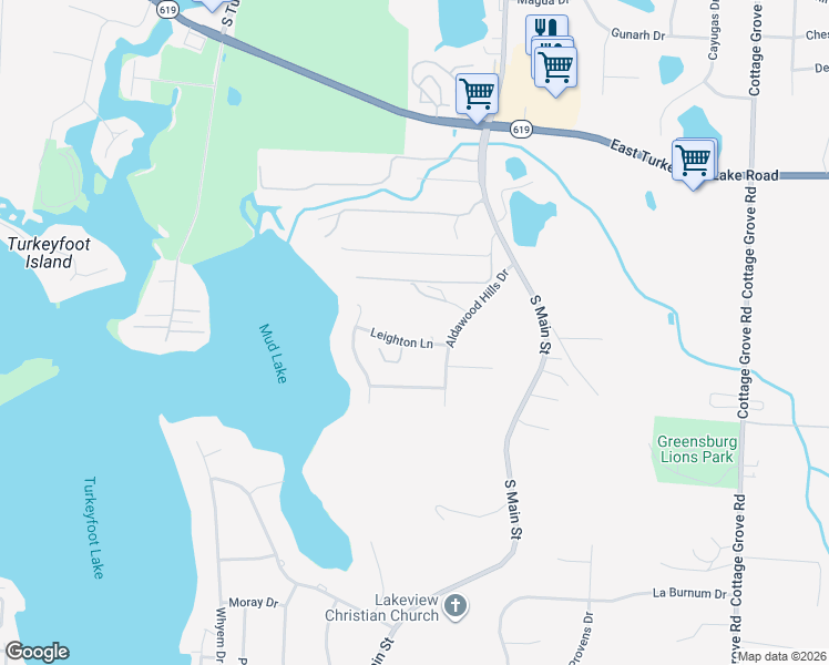 map of restaurants, bars, coffee shops, grocery stores, and more near 109 Leighton Lane in Akron