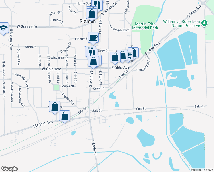 map of restaurants, bars, coffee shops, grocery stores, and more near 80 Grant Street in Rittman