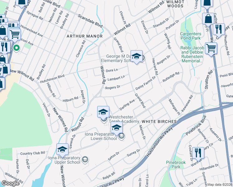 map of restaurants, bars, coffee shops, grocery stores, and more near 66 Daisy Farms Drive in New Rochelle