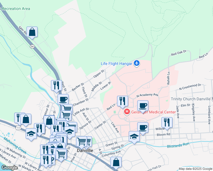 map of restaurants, bars, coffee shops, grocery stores, and more near Lower Street in Danville