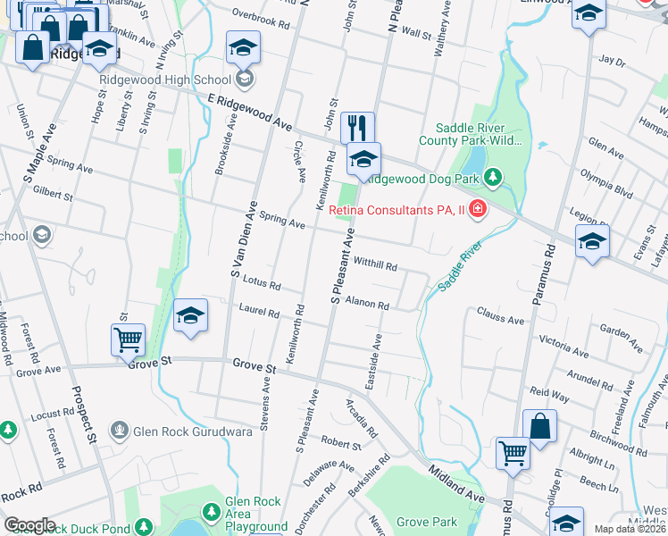 map of restaurants, bars, coffee shops, grocery stores, and more near 236 South Pleasant Avenue in Ridgewood