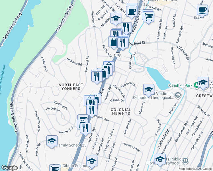 map of restaurants, bars, coffee shops, grocery stores, and more near in Yonkers