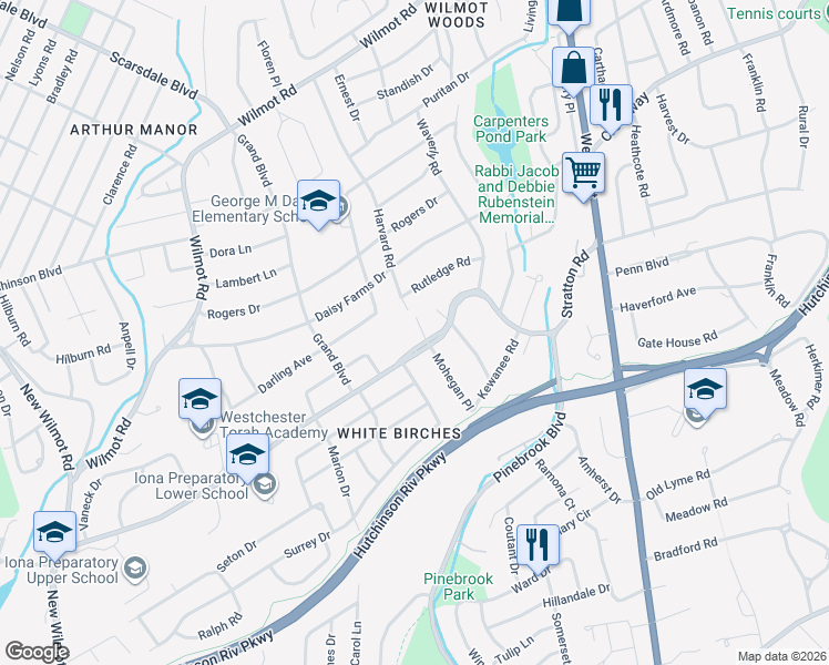 map of restaurants, bars, coffee shops, grocery stores, and more near 8 Sunnyridge Road in New Rochelle