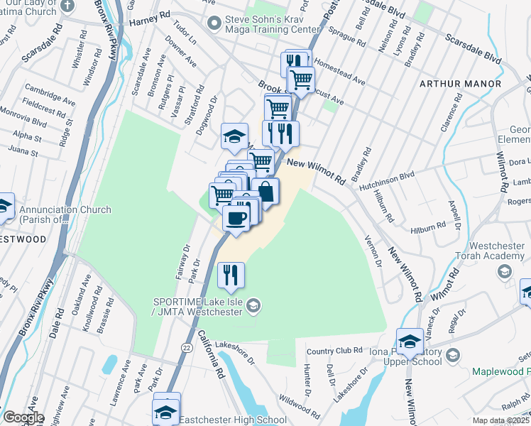 map of restaurants, bars, coffee shops, grocery stores, and more near 700 White Plains Road in Scarsdale