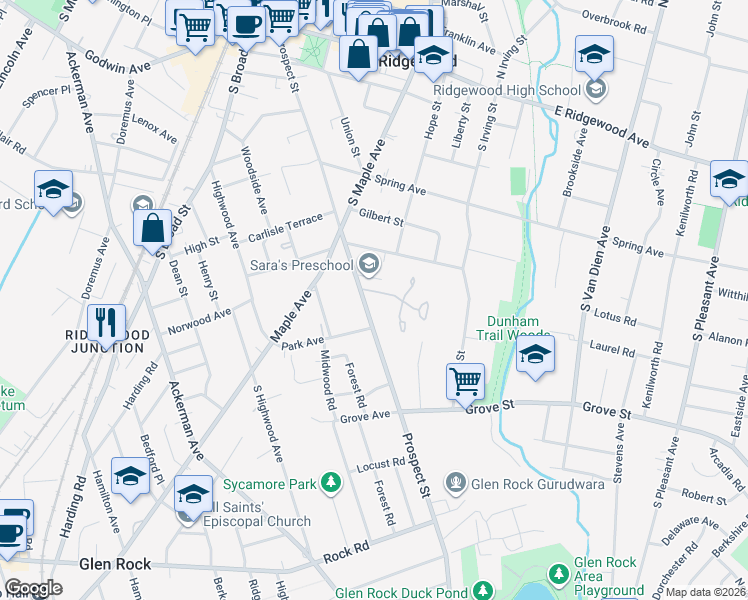 map of restaurants, bars, coffee shops, grocery stores, and more near 317 Prospect Street in Ridgewood