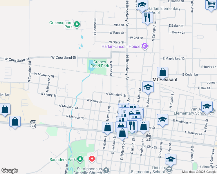 map of restaurants, bars, coffee shops, grocery stores, and more near 401-469 N White St in Mt Pleasant