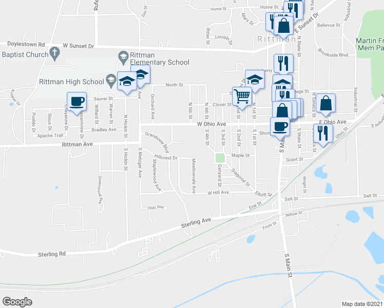 map of restaurants, bars, coffee shops, grocery stores, and more near 14 Hillcrest Road in Rittman
