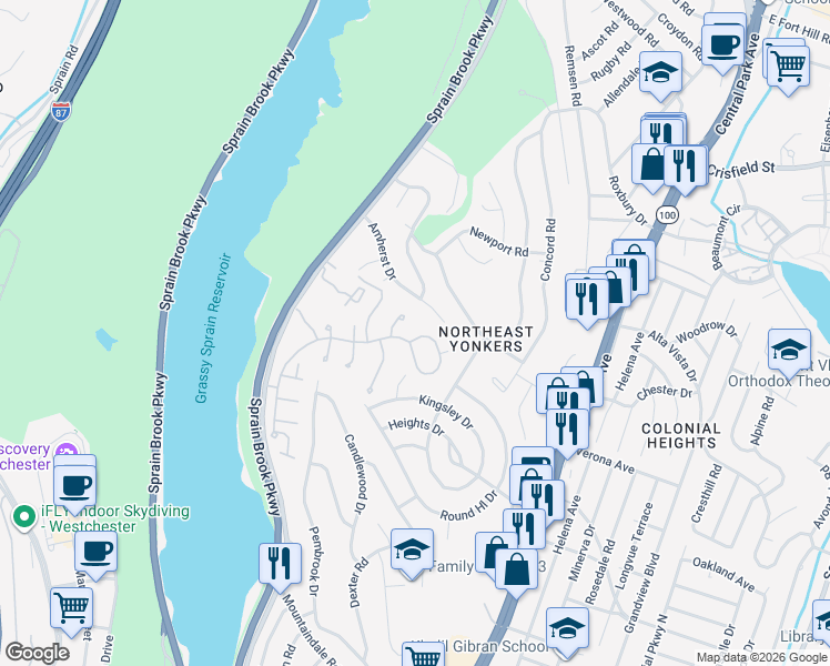 map of restaurants, bars, coffee shops, grocery stores, and more near 79 Roundtop Road in Yonkers
