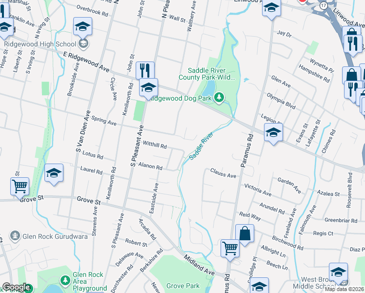 map of restaurants, bars, coffee shops, grocery stores, and more near 713 Witthill Road in Ridgewood