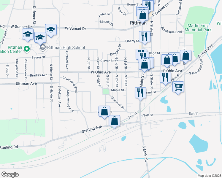 map of restaurants, bars, coffee shops, grocery stores, and more near 8 South 3rd Street in Rittman