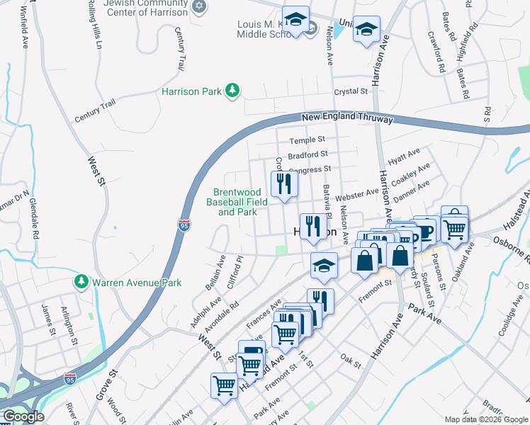 map of restaurants, bars, coffee shops, grocery stores, and more near 90 Rockwell Street in Harrison