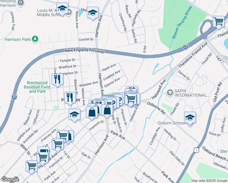 map of restaurants, bars, coffee shops, grocery stores, and more near 9 Bruce Avenue in Harrison