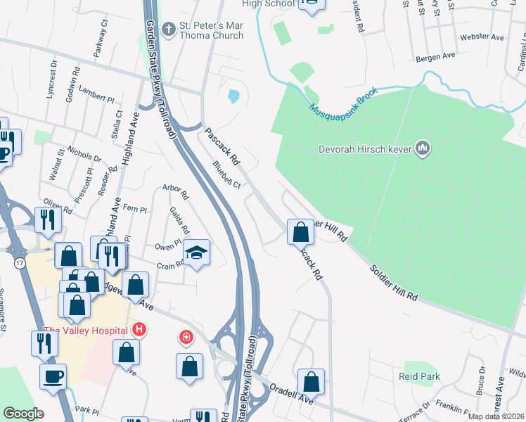 map of restaurants, bars, coffee shops, grocery stores, and more near 777 Pascack Road in Paramus