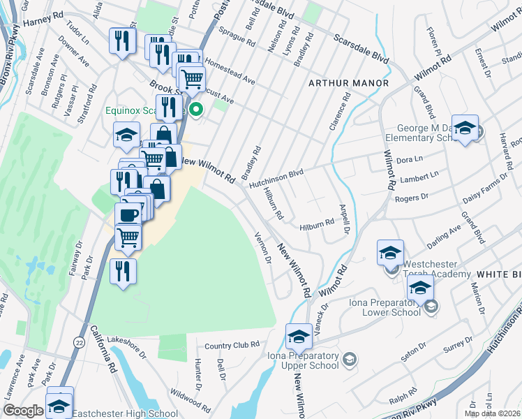 map of restaurants, bars, coffee shops, grocery stores, and more near 149A Wilmot Road in Scarsdale